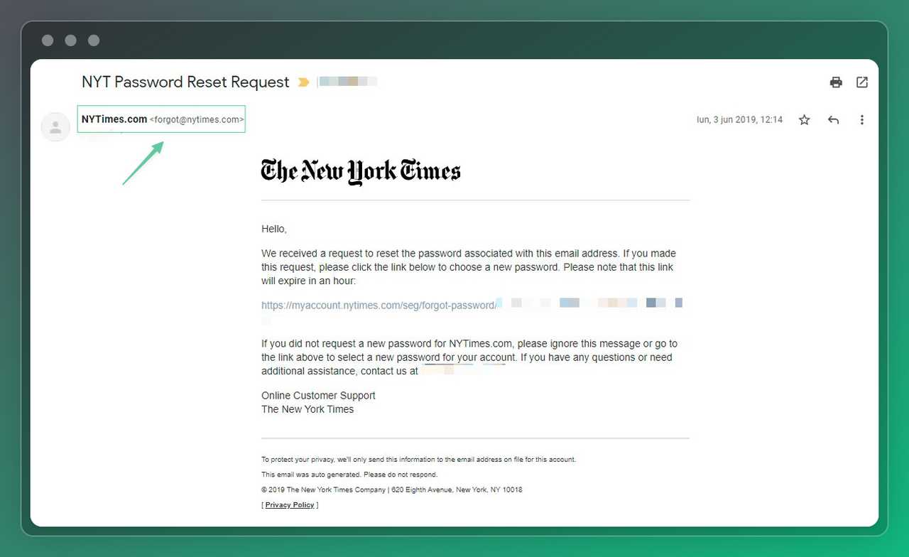 a screenshot of New York Times password reset transactional email example with a specefic email address