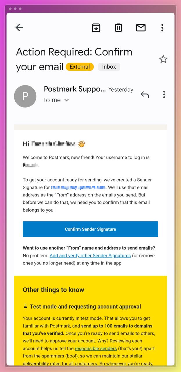 a screenshot of Postmark's sender signature transactional email example a good practice that perfectly fits the mobile version