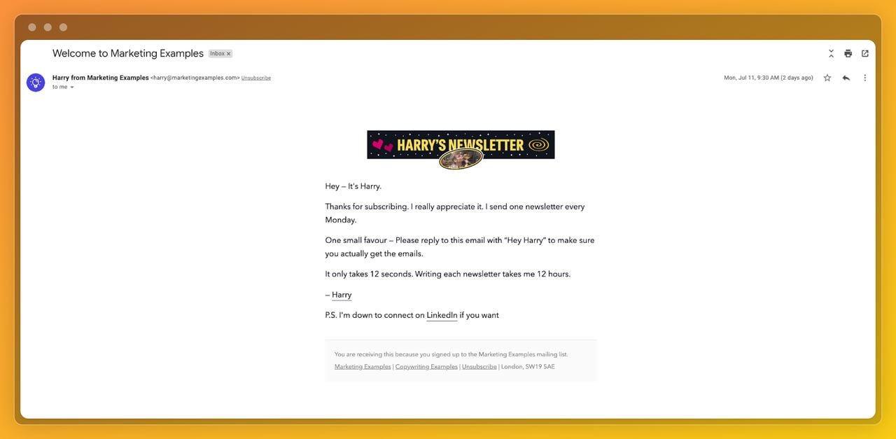 a screenshot of a welcoming email from marketingexamples.com by Harry asking the user to reply to the email for more engagement