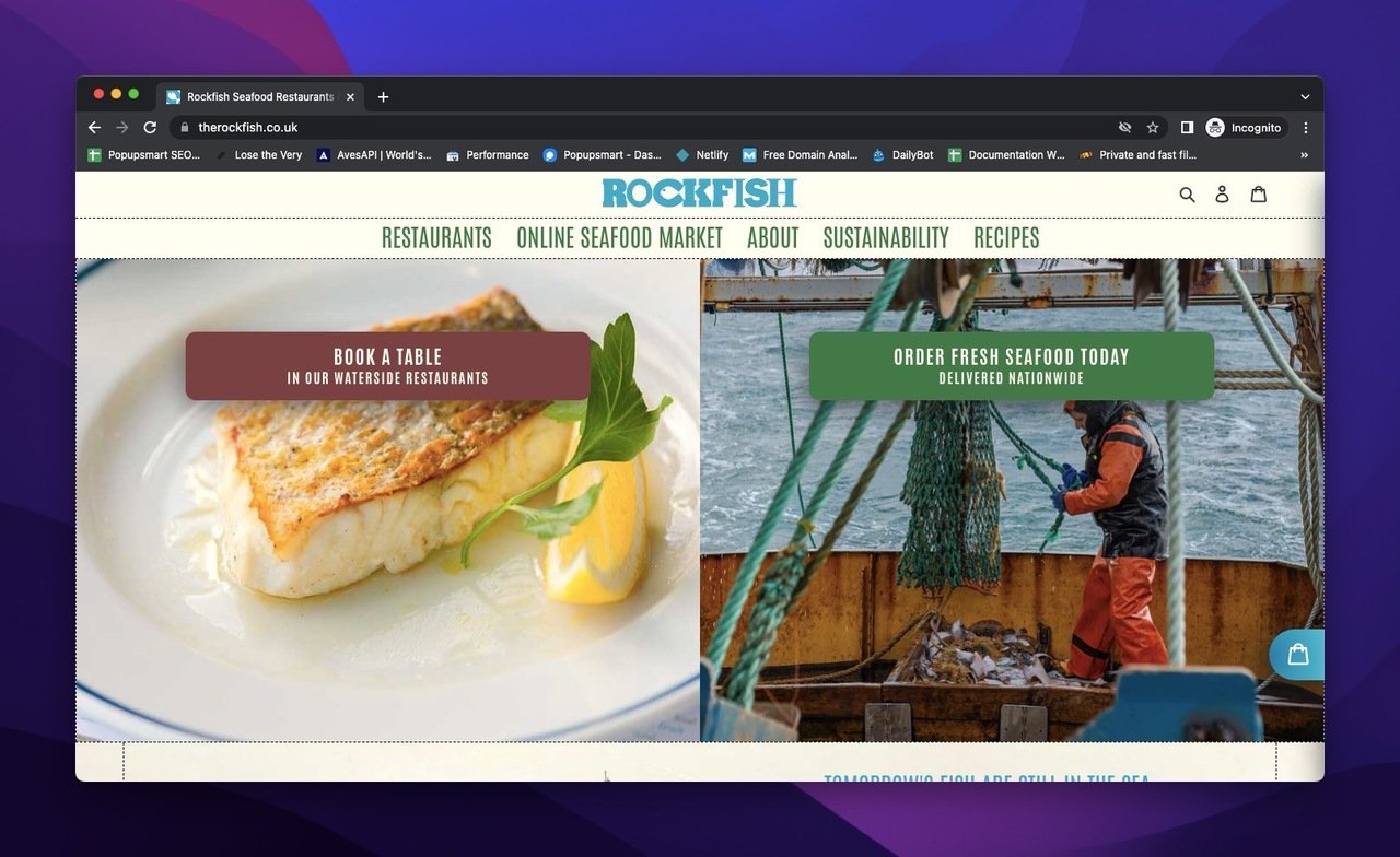 homepage of Rockfish Seafood with the choices of eat-in or take-away