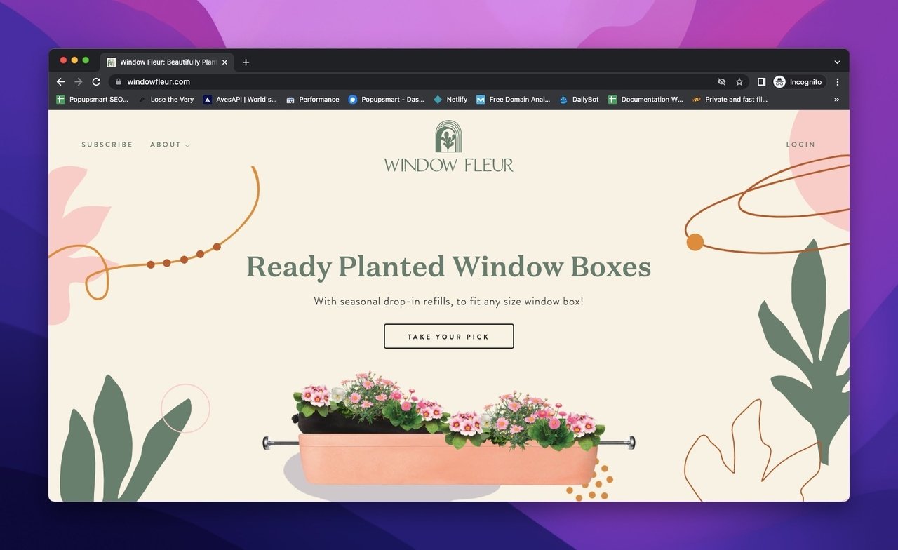 homepage of Window Fleur with sample window box and soft color