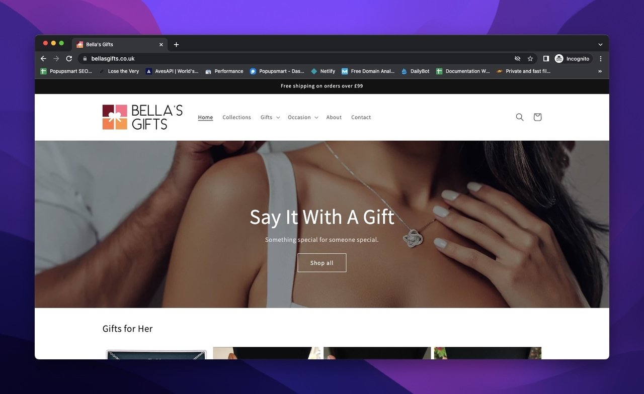 homepage of Bella's Gifts