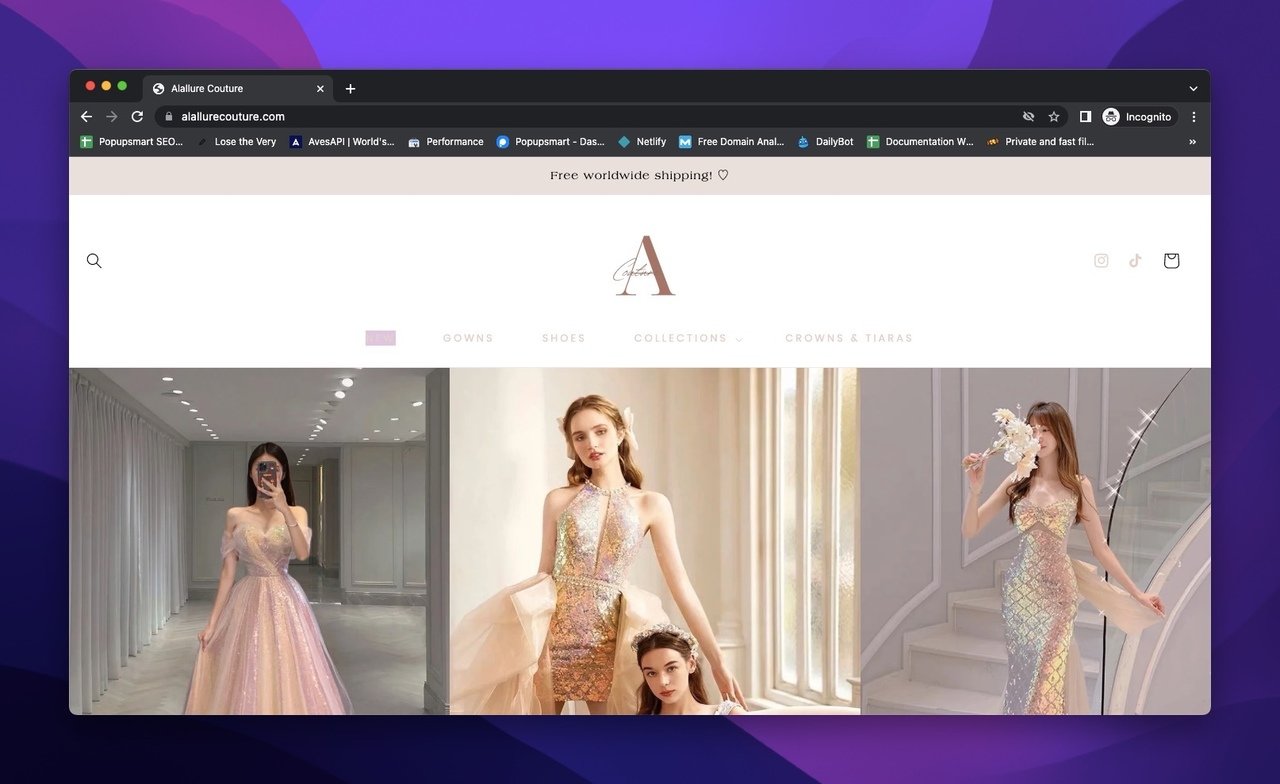 homepage of Alallure Couture featuring three products