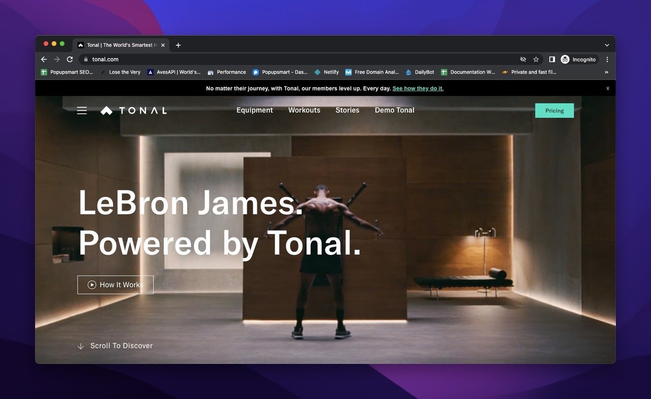 homepage of Tonal with the video of LeBron James