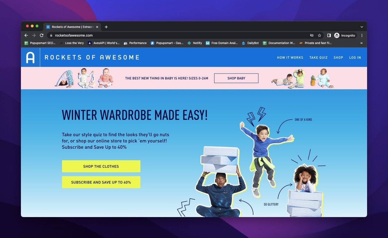 homepage of Rockets of Awesome with blue colors