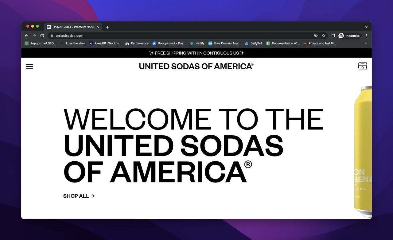 homepage of United Sodas of America with the welcoming headline