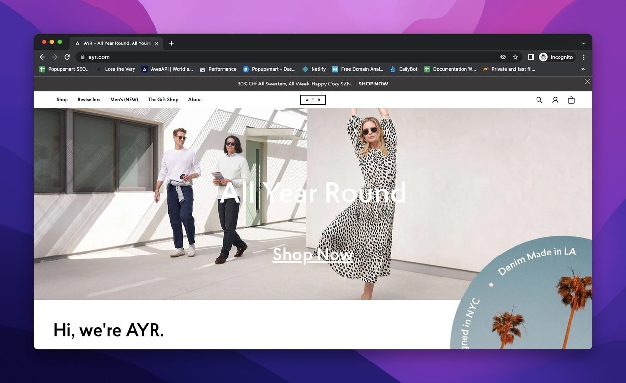 AYR homepage with models wearing AYR