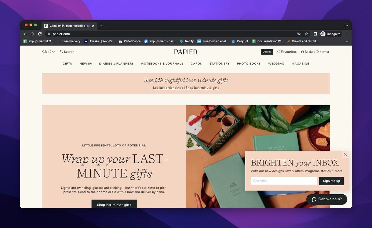 Papier homepage with the promotion of products and promises