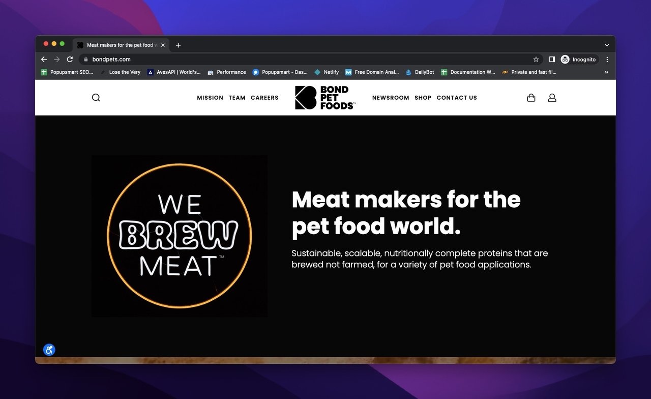 homepage of Bond Pet Foods on a black background