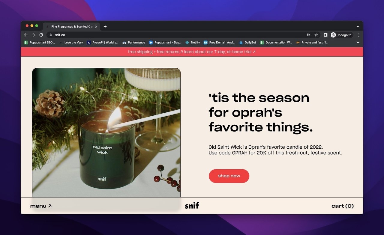 homepage of Snif with the candle's burning