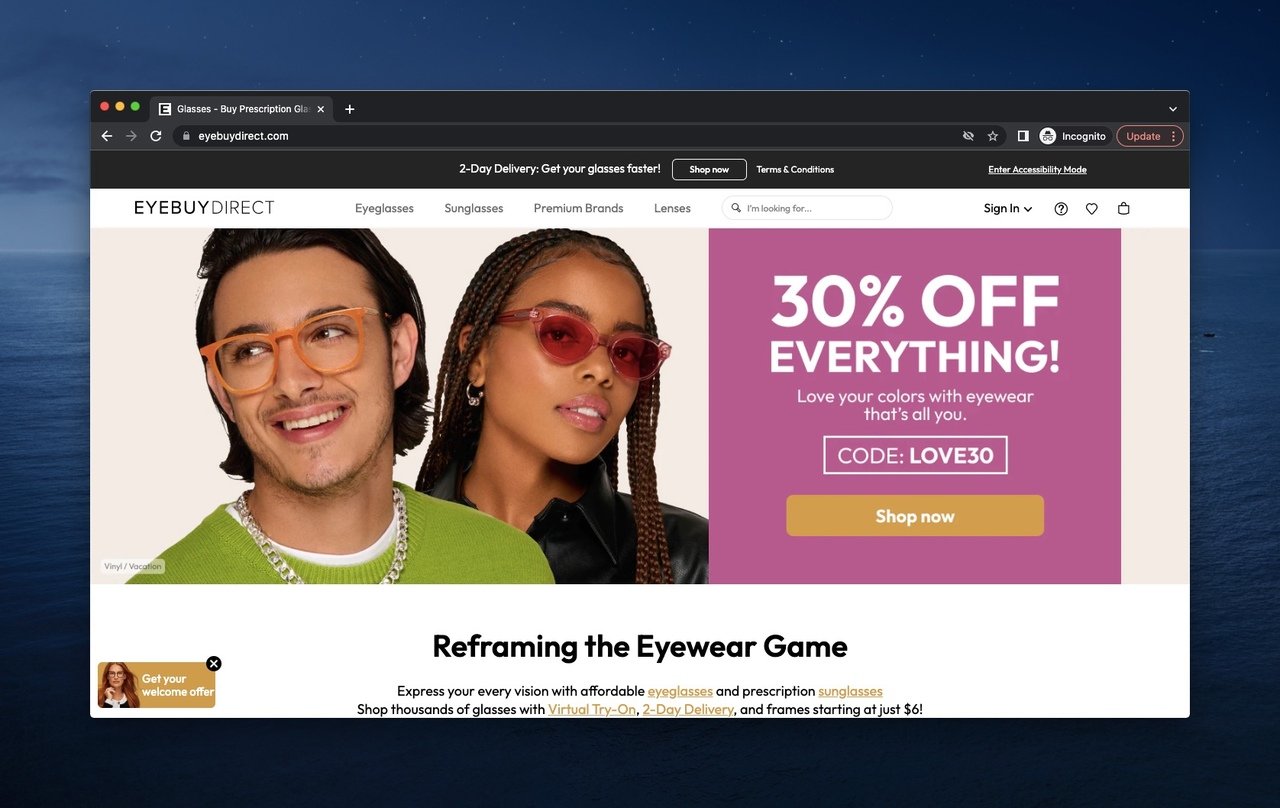 a man and a woman wearing EyeBuyDirect glasses and discount offer next to them