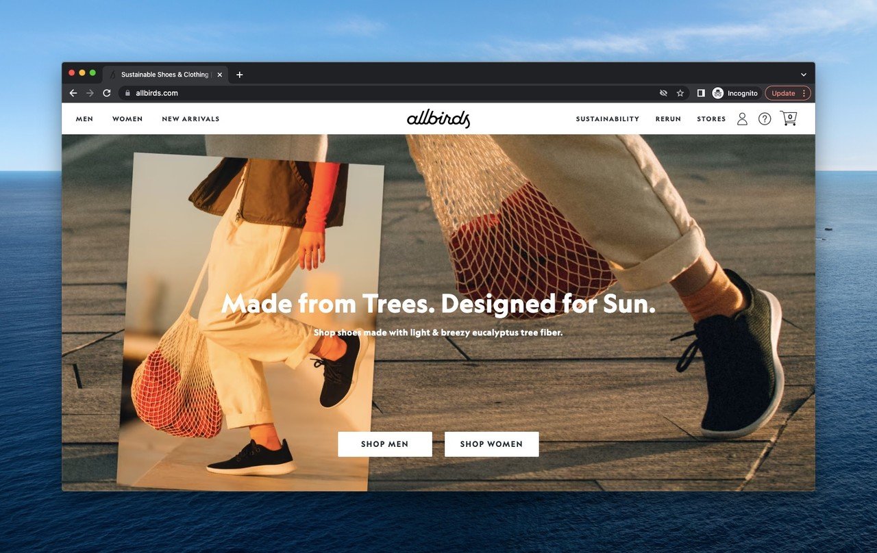 Allbirds webpage as an above the fold example is given with visual content as walking legs with the focus on the shoes made naturally