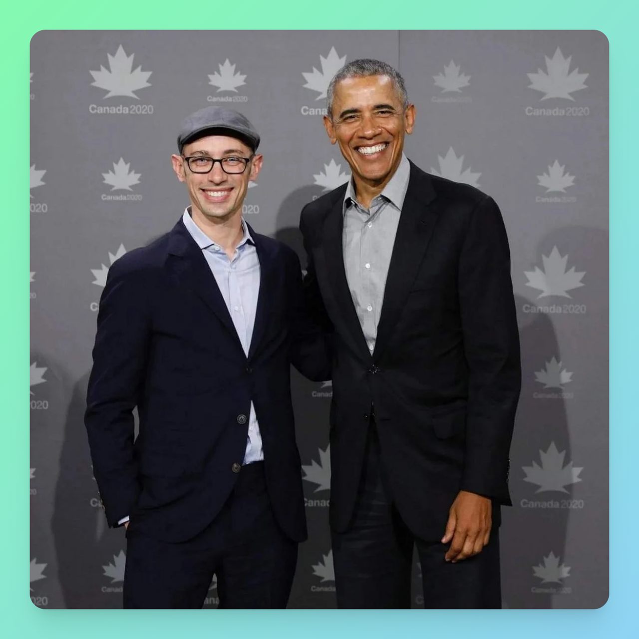 Tobial Lutke shopify CEO  standing next to Prsident Obama in a Canadian event and smiling to the camera