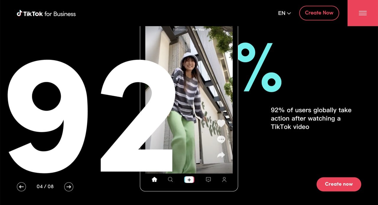 TikTok statistic with an image of a girl dancing at the background in the tiktok fram and a text that says 92% of users globally take action after watching a TikTok video