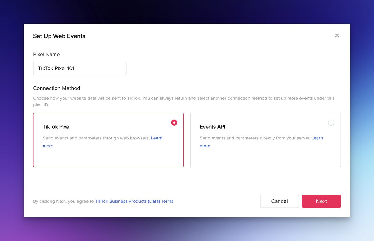 Step three TikTok Pixel Setup choosing a connection method between "TikTok Pixel" and "Event API,"