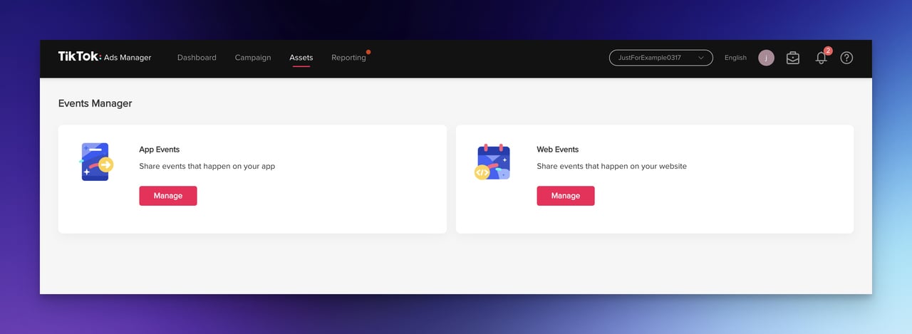 Step two TikTok Pixel Setup choosing between creating "App Events" or "Web Events" 