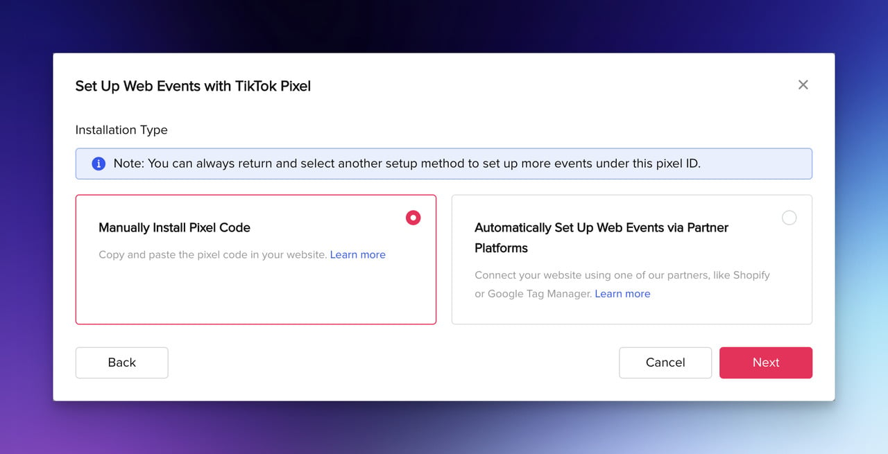 Step four TikTok Pixel Setup choosing between "Automatic Setup" or "Manual Installation"