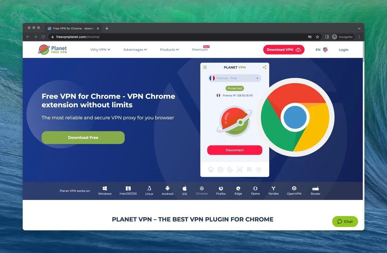 the Planet free Chrome extension VPN homepage with a red call to action that says "Free VPN for Mac"