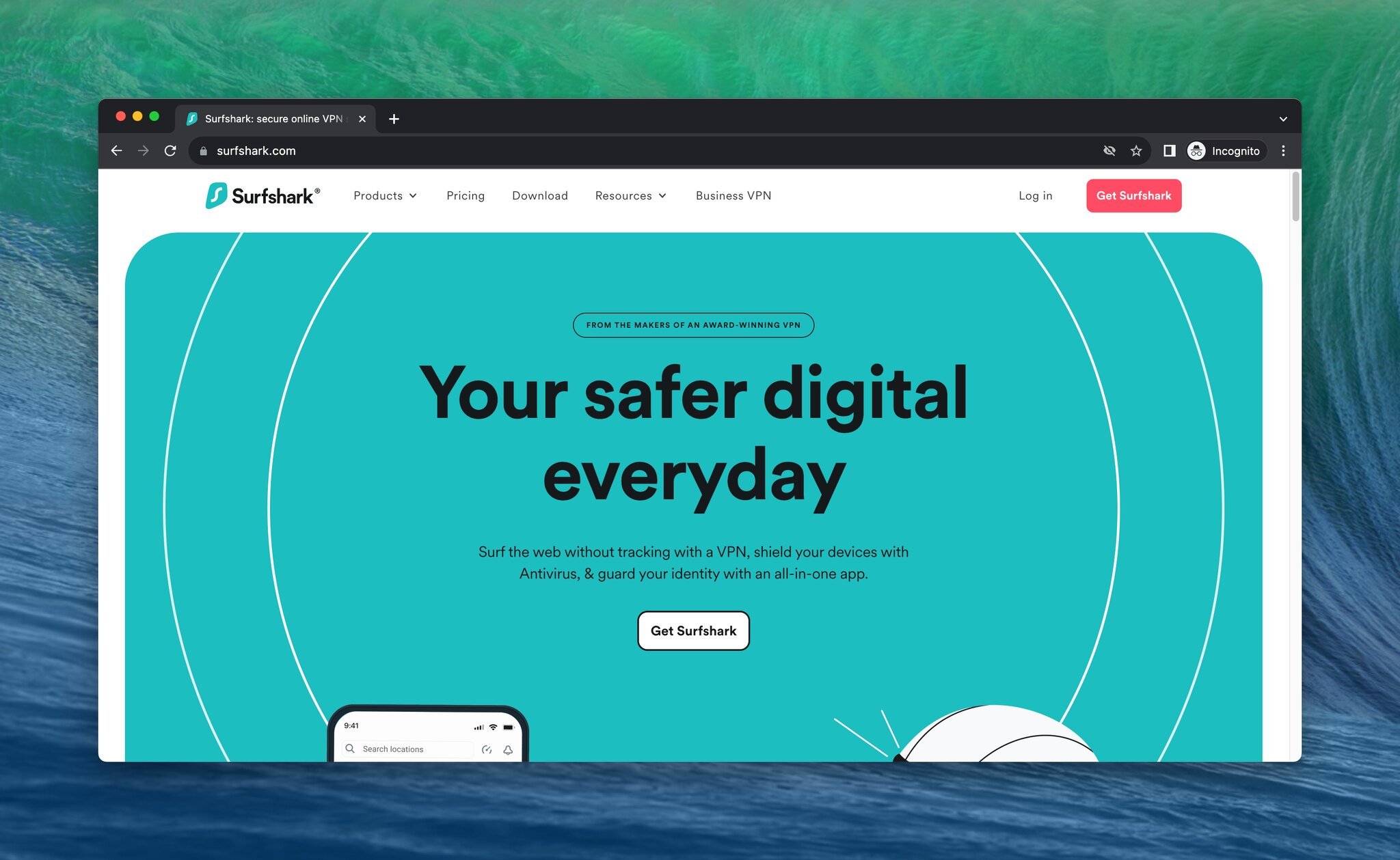 SurfShark, the Chrome extension VPN website homepage view