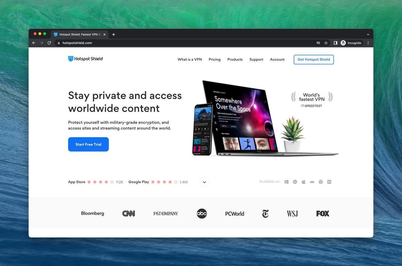 HotSpot Shield free Chrome extension VPN homepage with a picture of a laptop and mobile connected to VPN