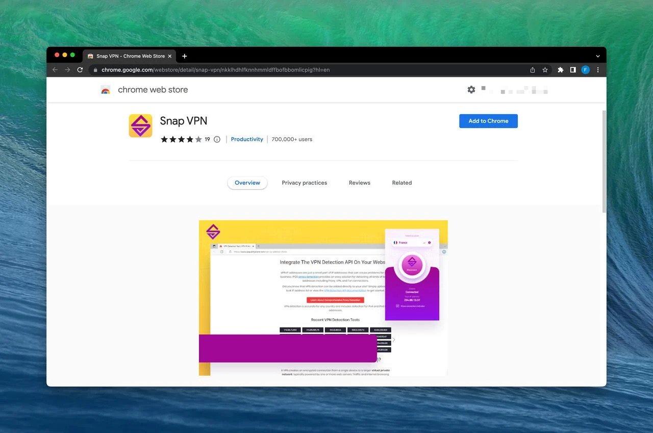 Snap free extension VPN on Chrome web store