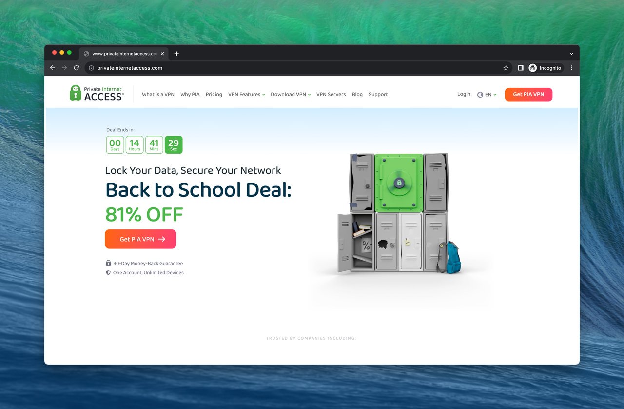 The homepage of Private Internet Access VPN