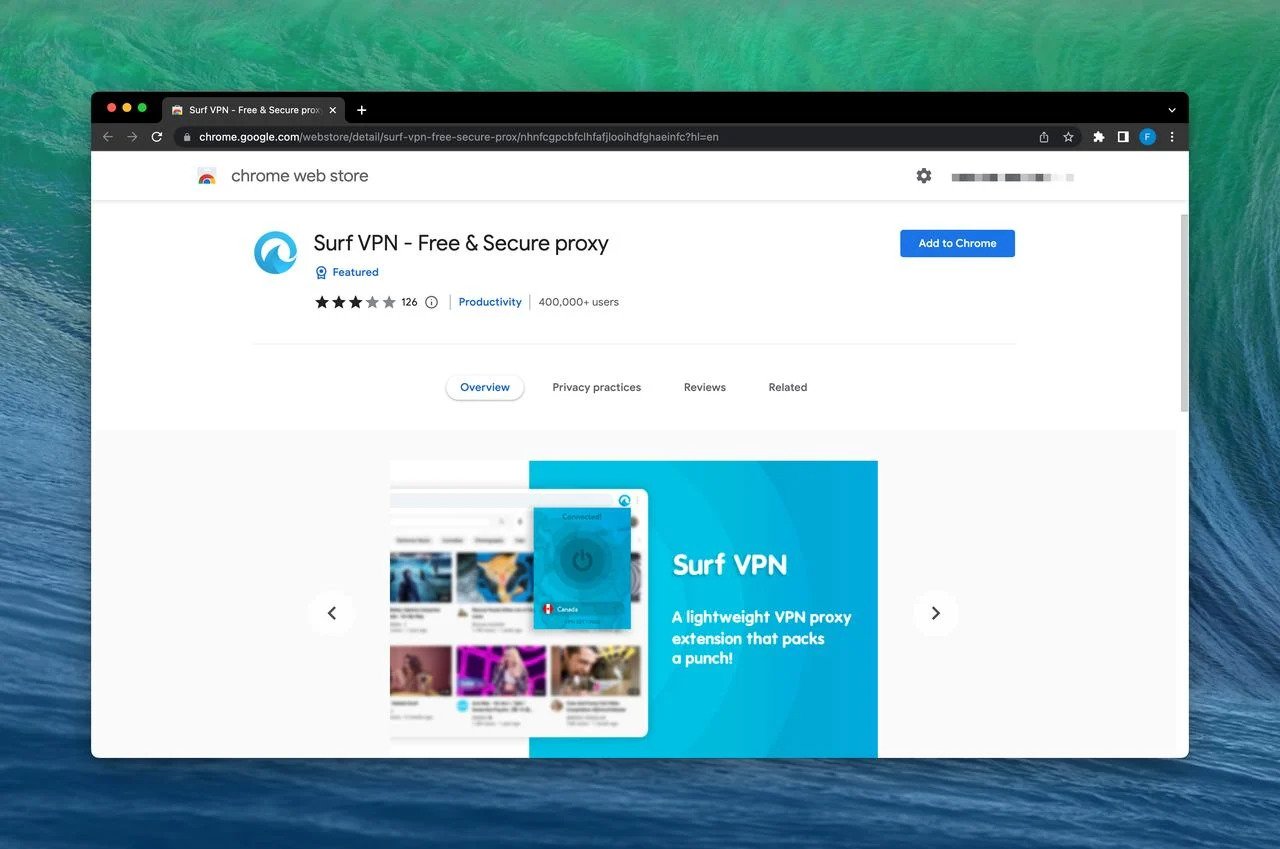 Surf free extension VPN on Chrome web store