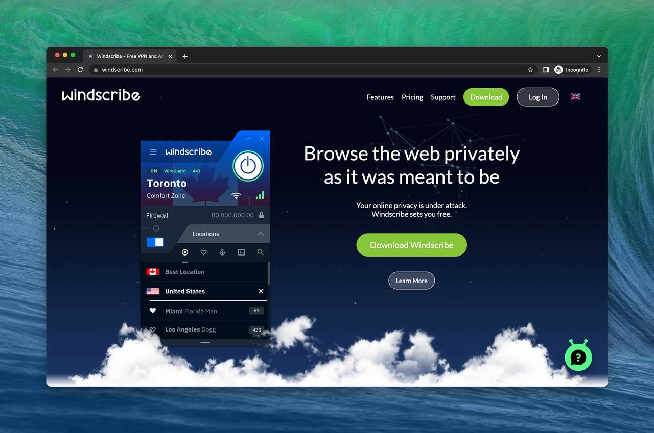 WindScribe free Chrome extension VPN homepage showing the tool's feature with a picture