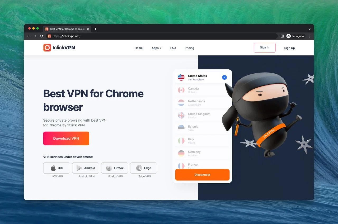 The One click free Chrome extension VPN website homepage with a ninja illustration