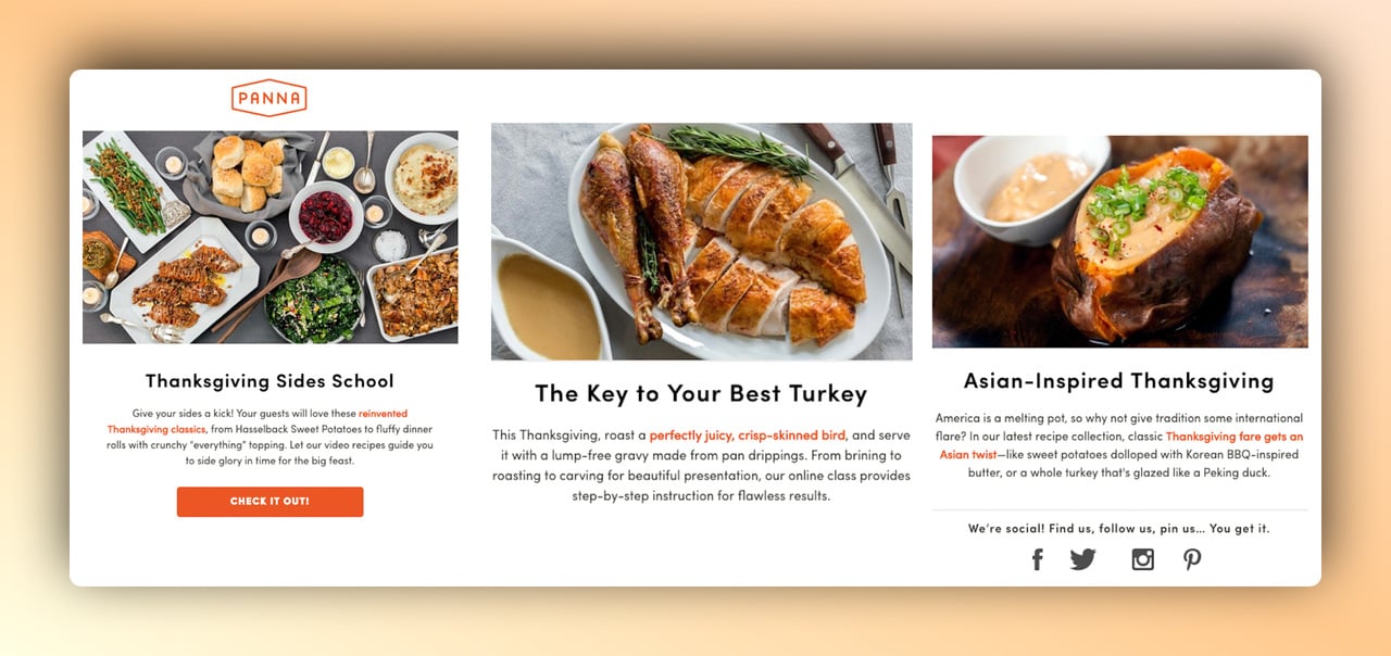Panna's Thanksgiving email with 3 different Thanksgiving food and a short message under each