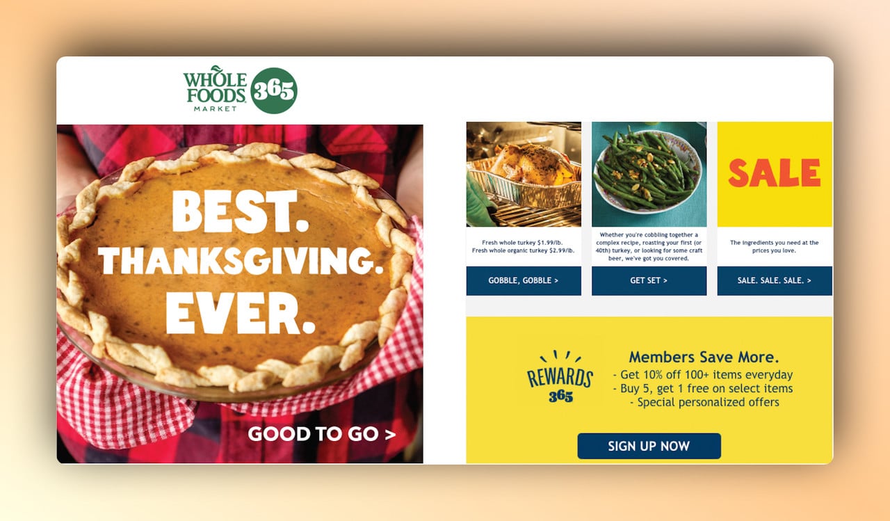 Whole foods market 365's Thanksgiving email with a pie picture on the lest and different food images on the right with a CTA under each