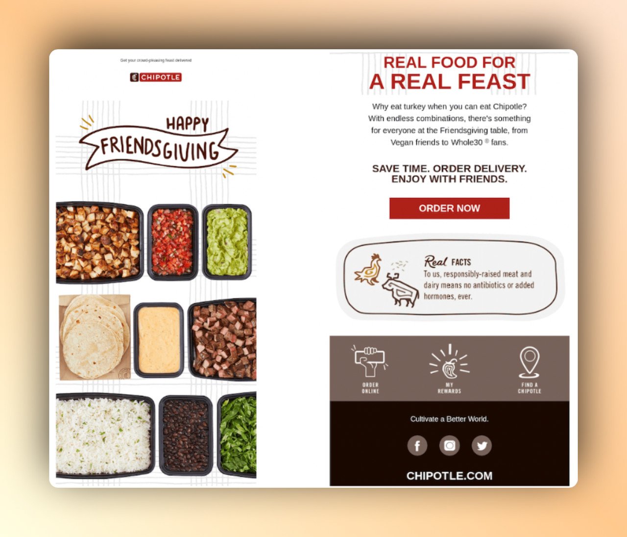 Chipotle's Thanksgiving email with Thanksgiving food on the left and the message on the right