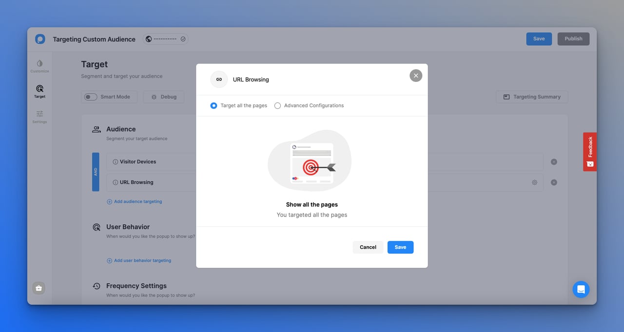 URL browsing targeting's target all pages on the Popupsmart dashboard