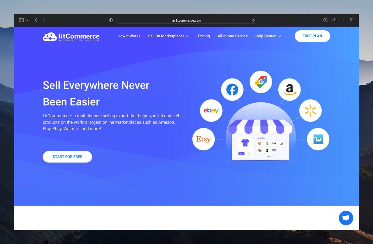 litcommerce homepage with "sell everywhere never been easier" headline on the left and a store illustration on the right with different e-commerce platforms framing it