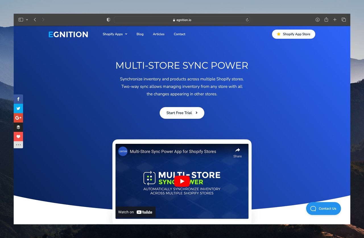 multistore sync power homepage screenshot with the head title MULTI-STORE SYNC POWER on a dark blue background and a video trailer is available below