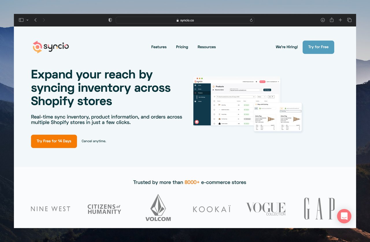 syncio homepage screenshot with "expand your reach by syncing inventory across Shopify stores" title and an app screenshot on the right, below there are brands like nine west, vogue, gap, etc.