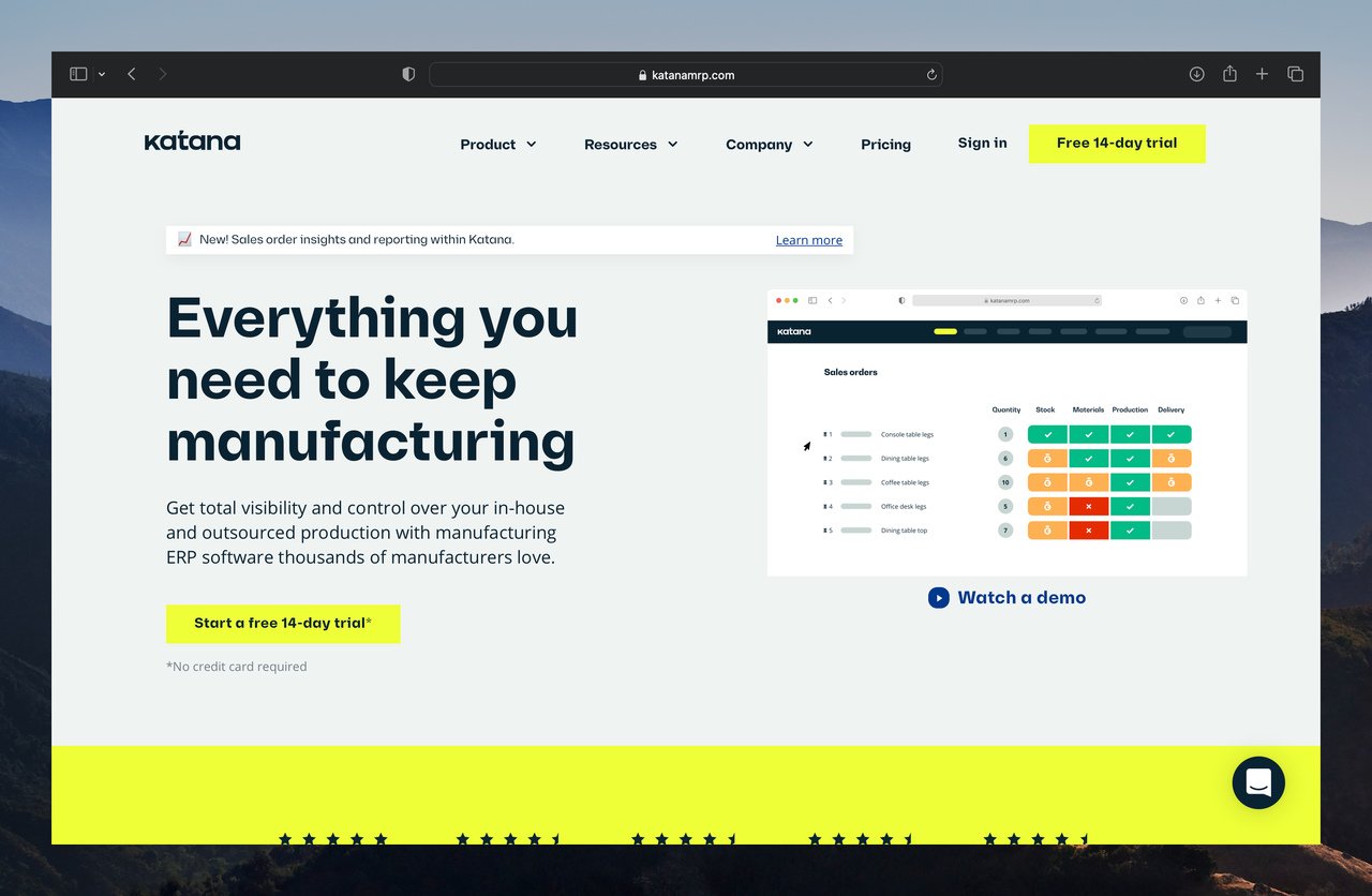 katana homepage screenshot with "everything you need to keep manufacturing" title on the left and a demo video window on the right