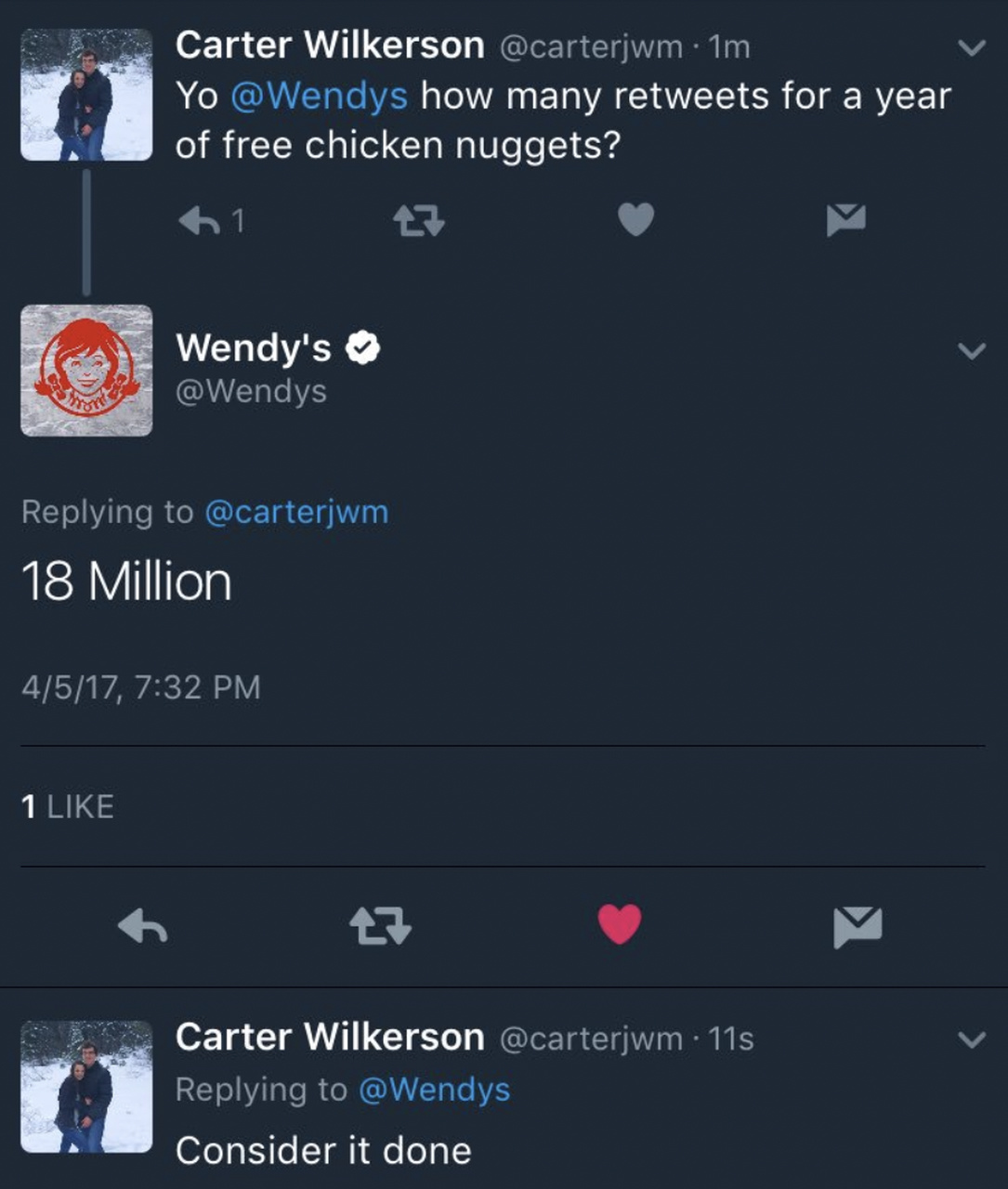 a tweet by Carter Wilkerson asking Wendy's for free nuggets including Wendy's answer and like, reply, retweet buttons