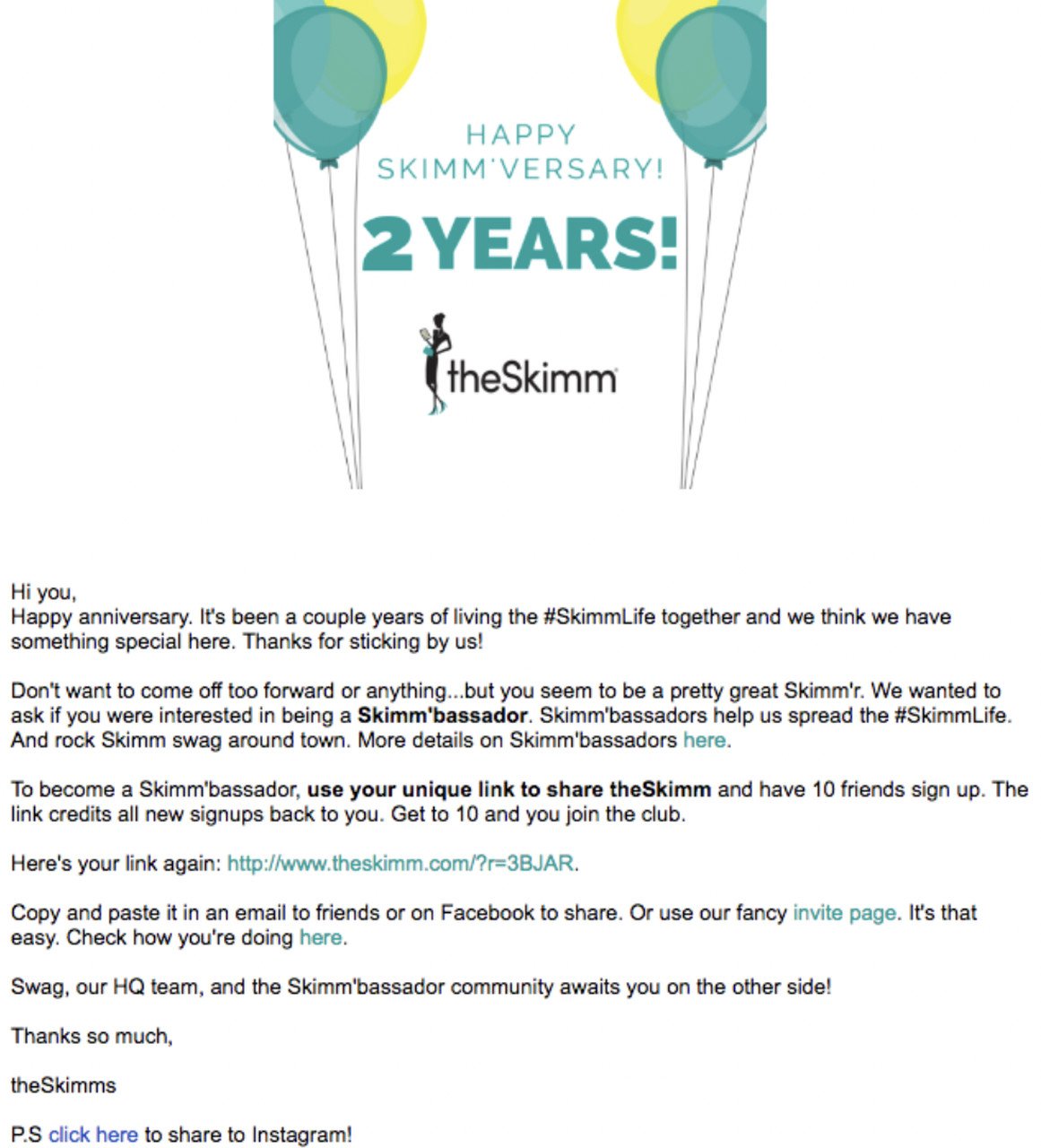 an email by theSkimm celebrating their customer's second anniversary with balloons and a woman illustrations