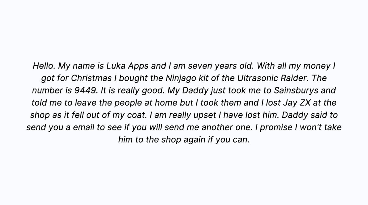 the screenshot of the email that Lego received from a boy named Luka