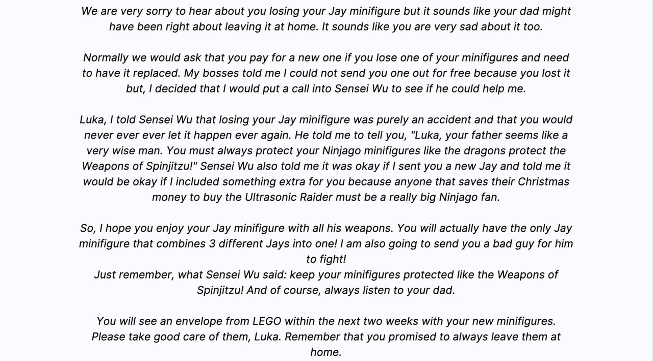 the email reply from Richard at Lego Consumer Services to Luka's email