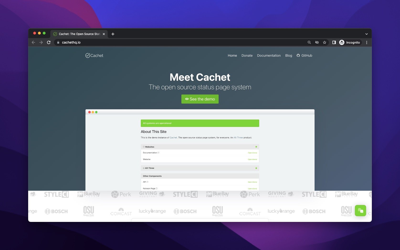 the webpage of Cachet which is a status page tool