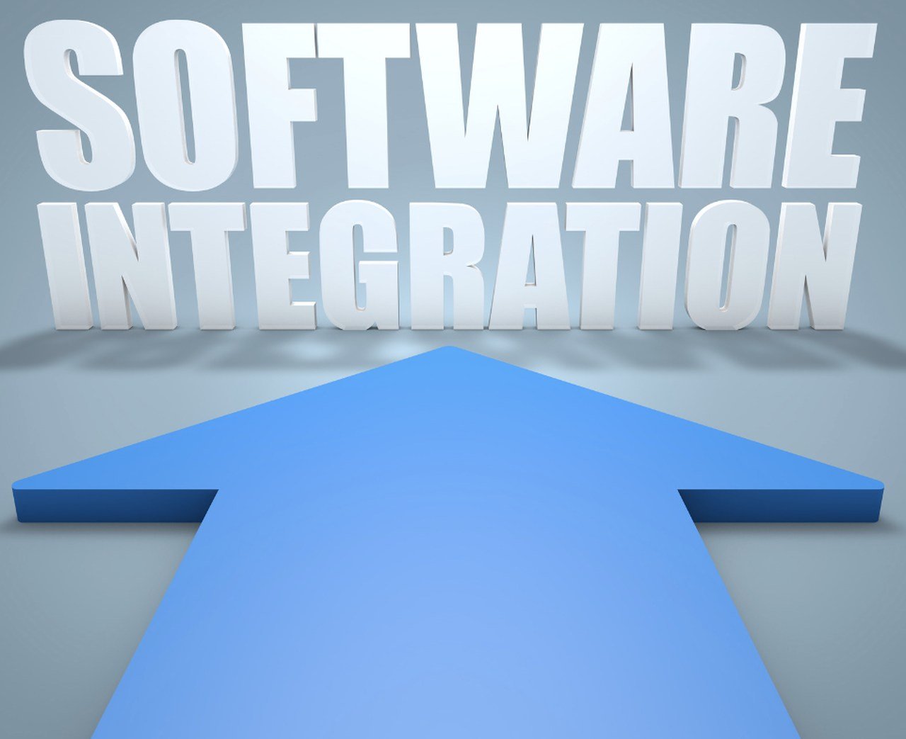 a picture of a blue arrow pointing to a text in a big font in blue color that is written "Software integration"