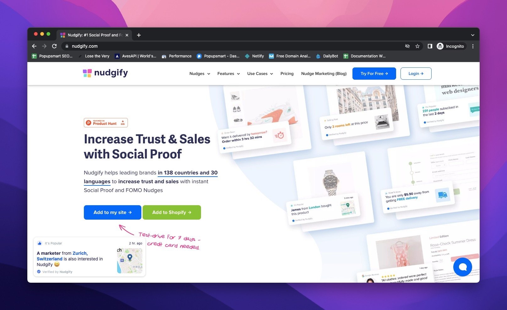 website of Nudgify which is a social proof tool