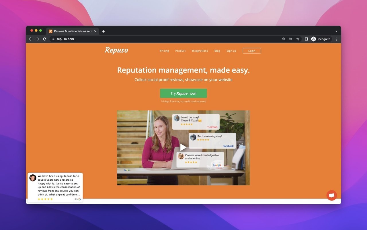 website of Repuso which is a social proof tool