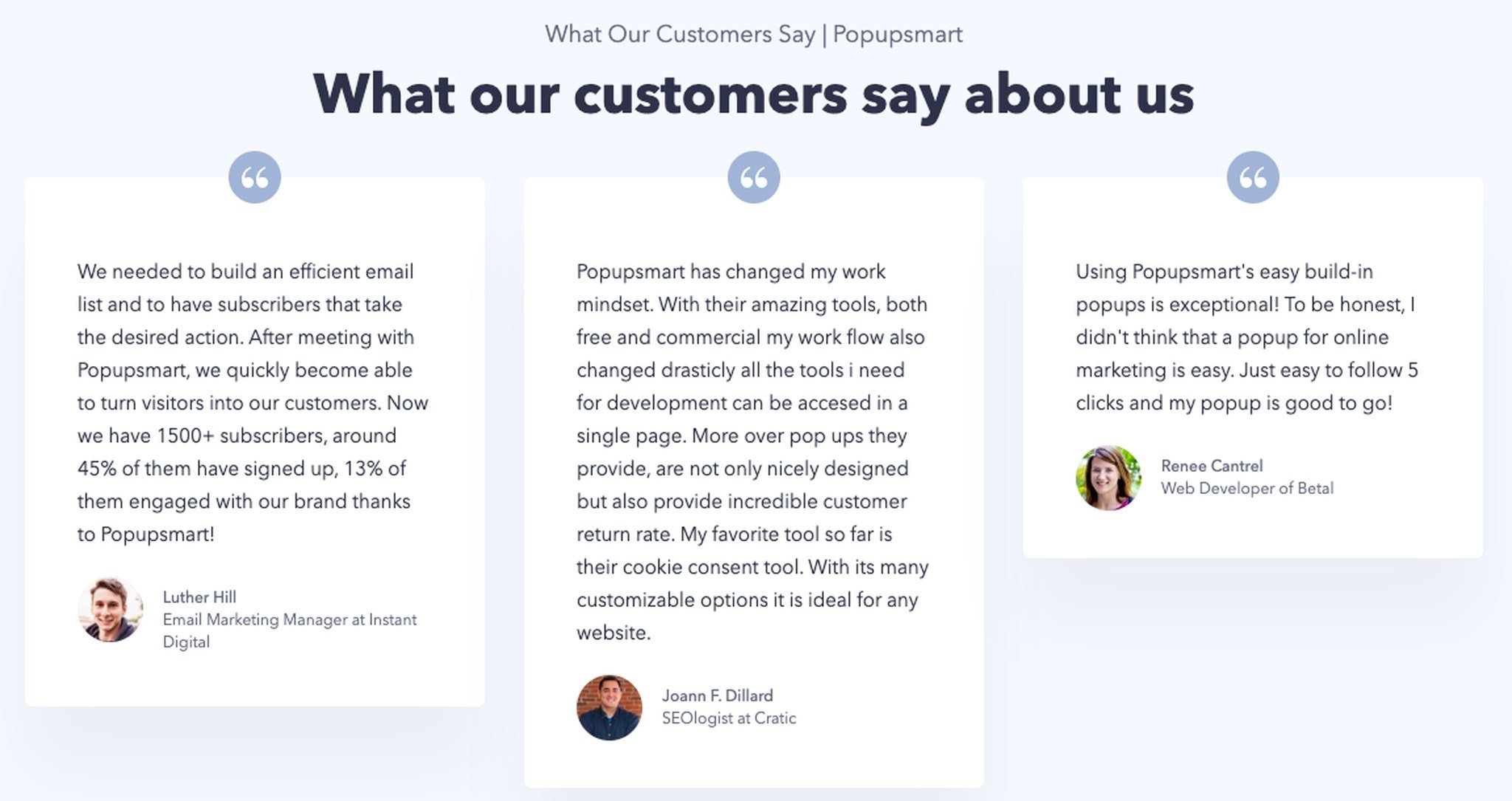 popupsmart's testimonials from different clients