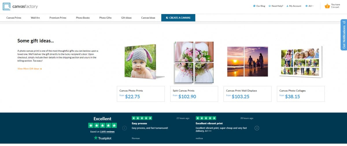 Social proof example of canvas factory from third party website Trustpilot