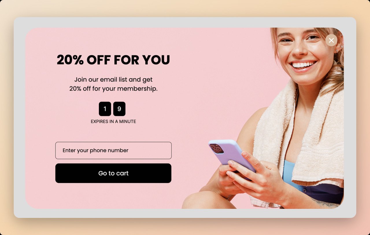 an SMS popup template example from Popupsmart with a countdown timer with a picture of a girl smilling and a text that says "20% Off For You"