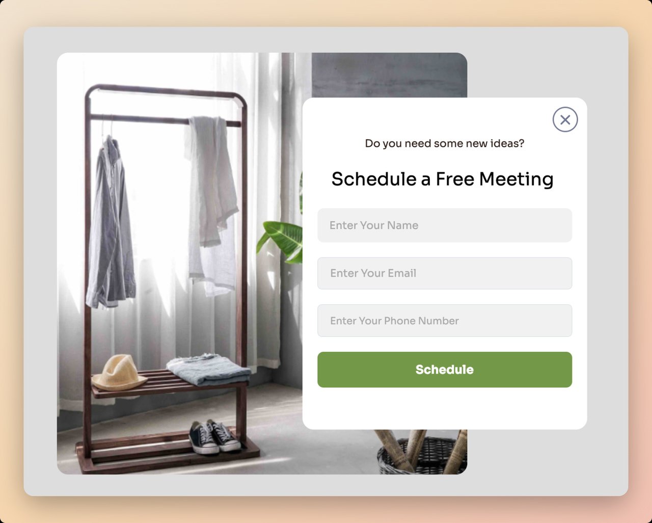 an SMS popup template from Popupsmart for schedualing a meeting with an image of a clothe hanger on the left side and a text that says "Scheduale a free meeting"