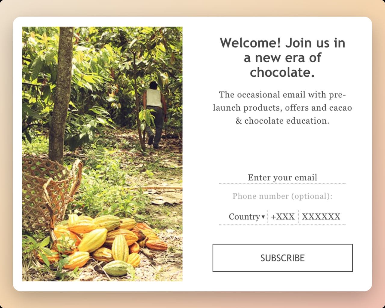 Toak chocolate SMS popup example with a picture showing a lot of cacao fruits and a local man walking in the garden on the left side and a text in bolf that says "Welcome! Join us in the new era of chocolate"